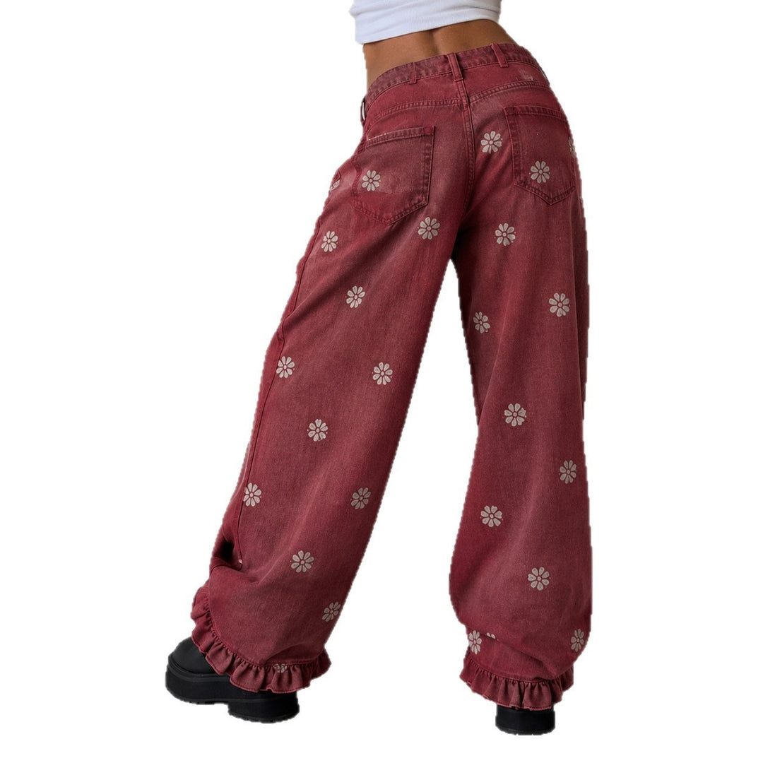 Damen weite Denimhose mit Gänseblümchen-Print, hohem Bund und Rüschenabschluss Eichborn Berlin
