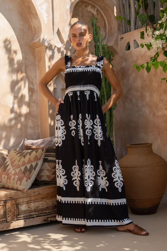 Damen Maxikleid mit elastischem Oberteil und detailliertem Muster EB
