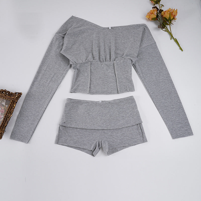 Damen nan asymmetrisches einschulteriges Lounge-Set mit tailliertem gerafftem Crop-Top und hochgeschnittenen Umschlag-Shorts EB