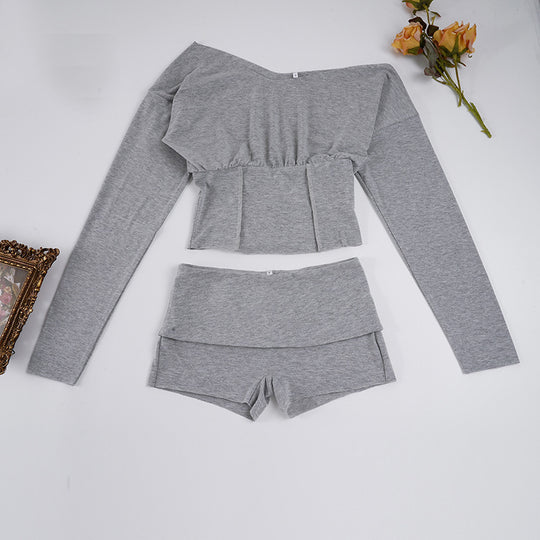 Damen nan asymmetrisches einschulteriges Lounge-Set mit tailliertem gerafftem Crop-Top und hochgeschnittenen Umschlag-Shorts EB