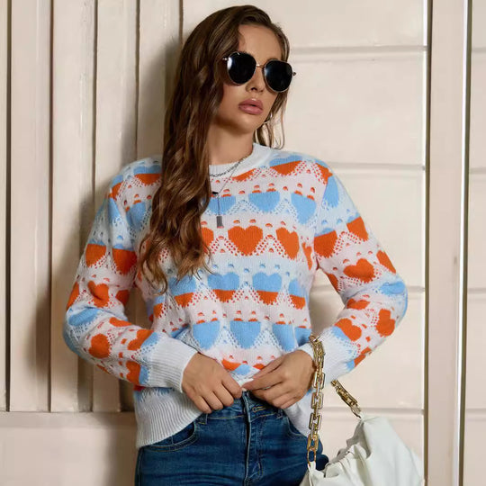 Damen Strickpullover mit Herzmuster und lockerer Passform EB