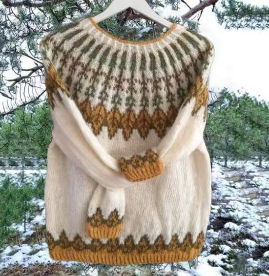 Damen nan melierter Rundhalsausschnittpullover mit kreisförmigem Jacquard-Yoke und geripptem Saum EB
