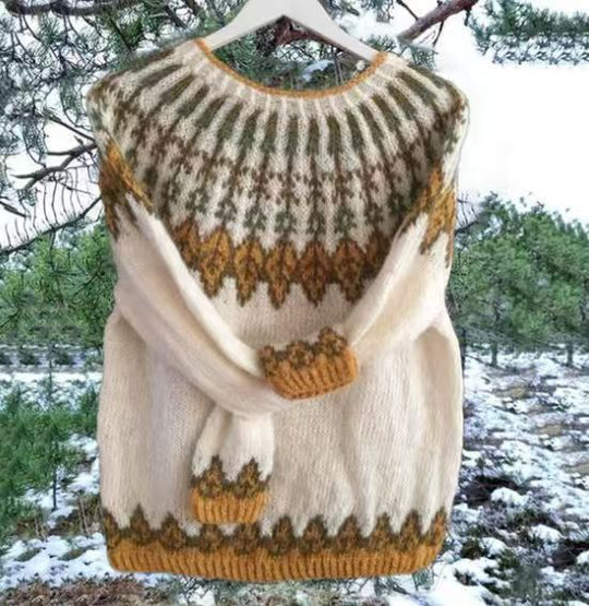 Damen nan melierter Rundhalsausschnittpullover mit kreisförmigem Jacquard-Yoke und geripptem Saum EB