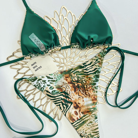 Damen Triangel Bikini mit animalischem Muster und verstellbaren Bändern EB