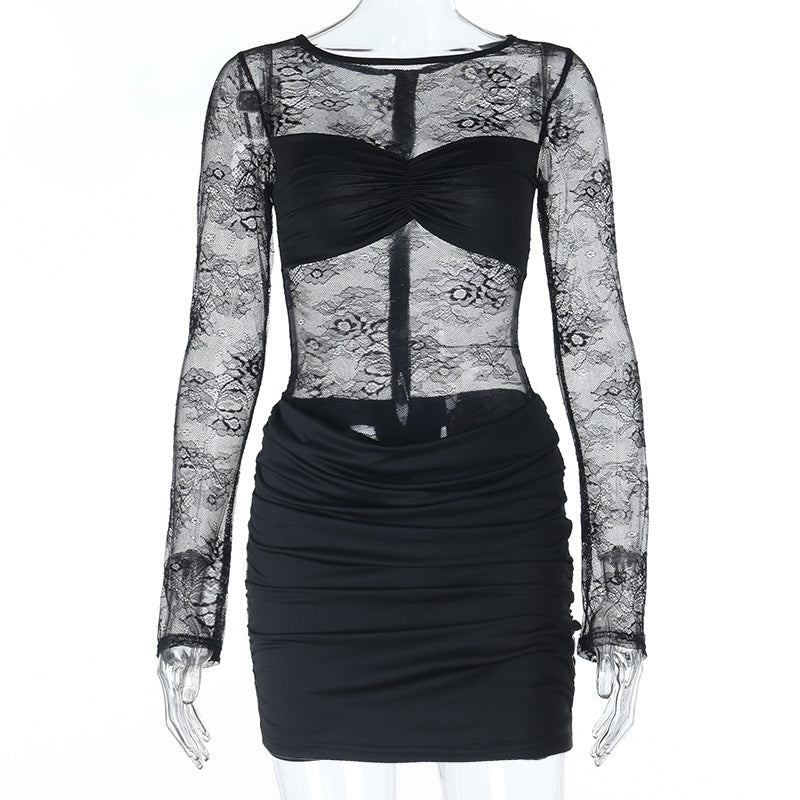 Damen Spitzenkleid mit gerafftem Rock und tiefem V-Ausschnitt EB