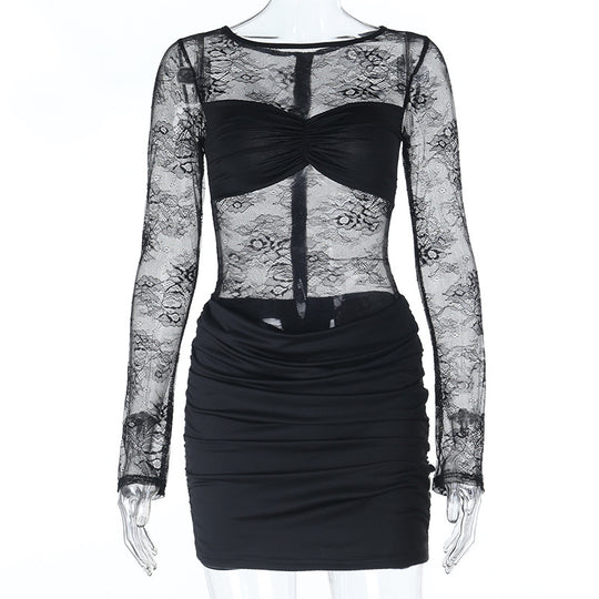 Damen Spitzenkleid mit gerafftem Rock und tiefem V-Ausschnitt EB