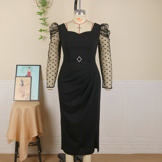 Damen elegantes Midi-Kleid mit transparenten Puffärmeln und zartem Rüschenakzent EB