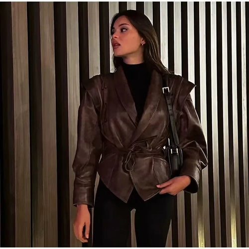 Damen modische Kunstlederjacke mit stilvollem Gürteldetail und elegantem Design EB