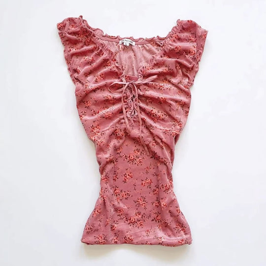 Damen Spitzenshirt mit Raffung und floralem Muster EB