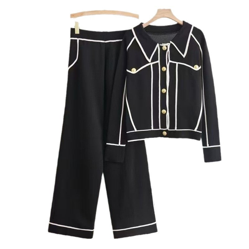 Damen stilvolles Freizeitanzug-Set mit kontrastierendem Knopfdesign EB