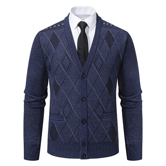 Herren nan feiner Rauten-Strickcardigan mit V-Ausschnitt, Knopfleiste und Eingriffstaschen EB