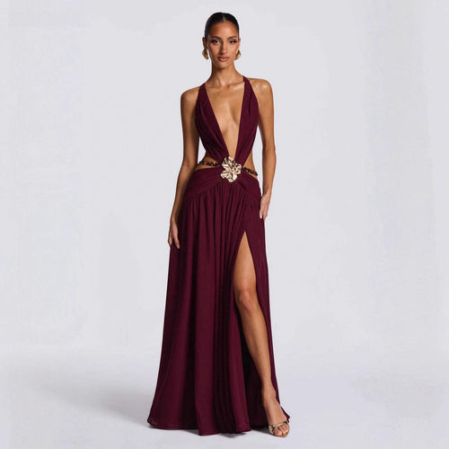 Damen Maxikleid mit tiefem V-Ausschnitt und elegantem Wickeldesign EB