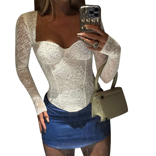 Damen elegante Spitzenbluse mit langem Arm und tailliertem Schnitt EB