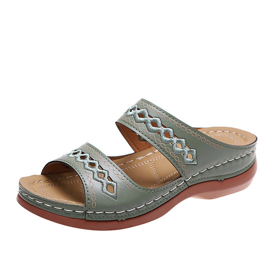 Damen Komfort-Sandalen mit doppeltem Riemen, Stickerei und gepolstertem Fußbett EB