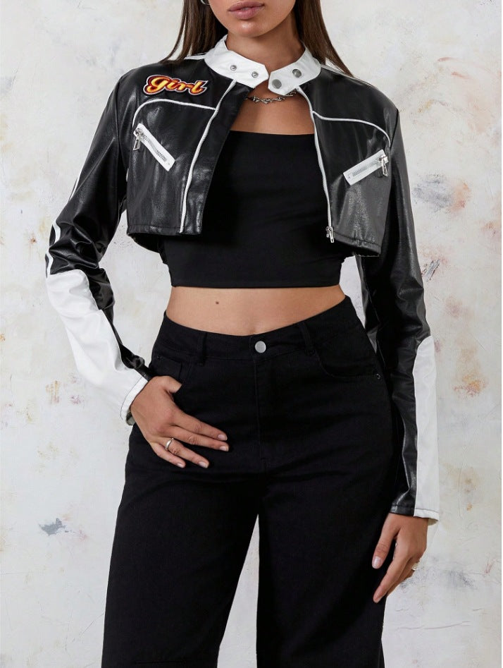 Damen modische cropped Kunstlederjacke EB