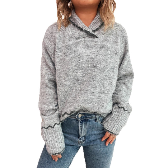 Damen lässiger Strickpullover mit modischem Kragen und fransigen Akzenten EB