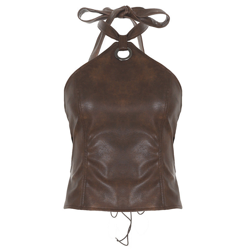 Damen Oberteil aus hochwertigem Kunstleder mit raffiniertem Halter-Design EB