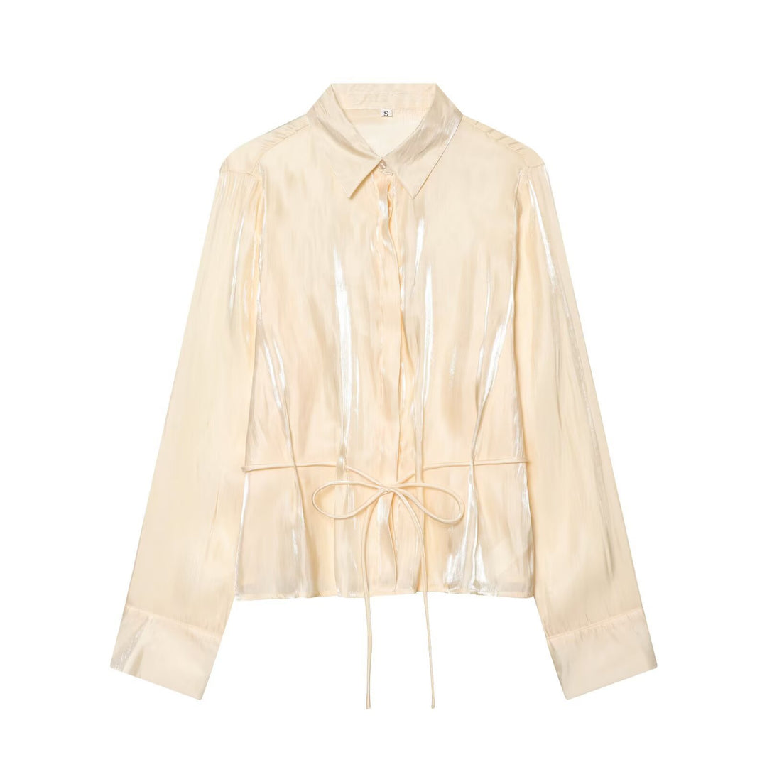 Damen schimmernde Bluse mit verstellbarem Taillenzug und elegantem Kragen EB