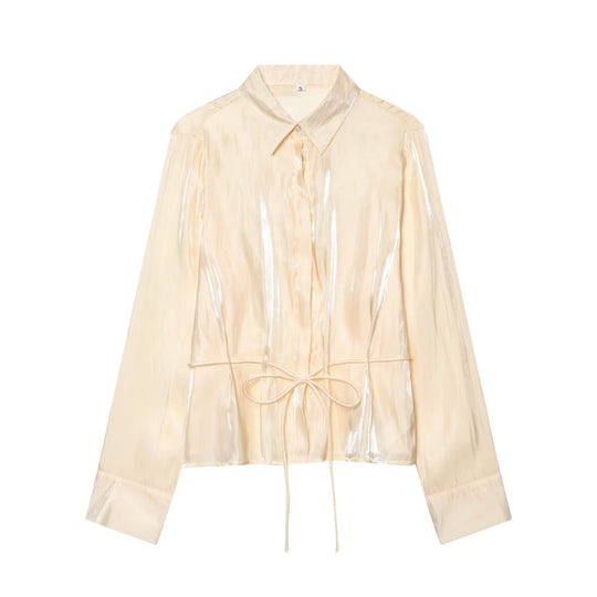 Damen schimmernde Bluse mit verstellbarem Taillenzug und elegantem Kragen EB