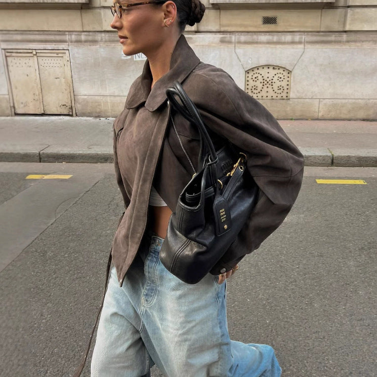 Damen Modische Suede Jacke mit Taillengürtel EB