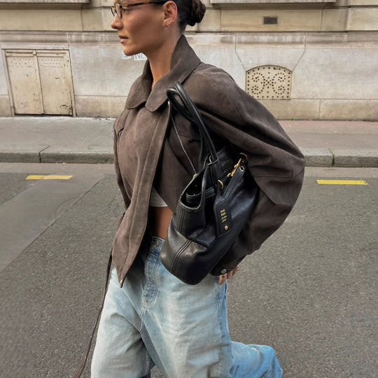 Damen Modische Suede Jacke mit Taillengürtel EB