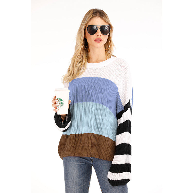 Damen Oversized Strickpullover mit buntem Blockstreifenmuster EB