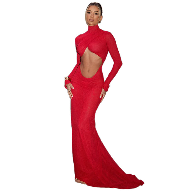 Damen figurbetontes Maxikleid mit asymmetrischem Cut-Out und hochgeschlossenem Kragen EB