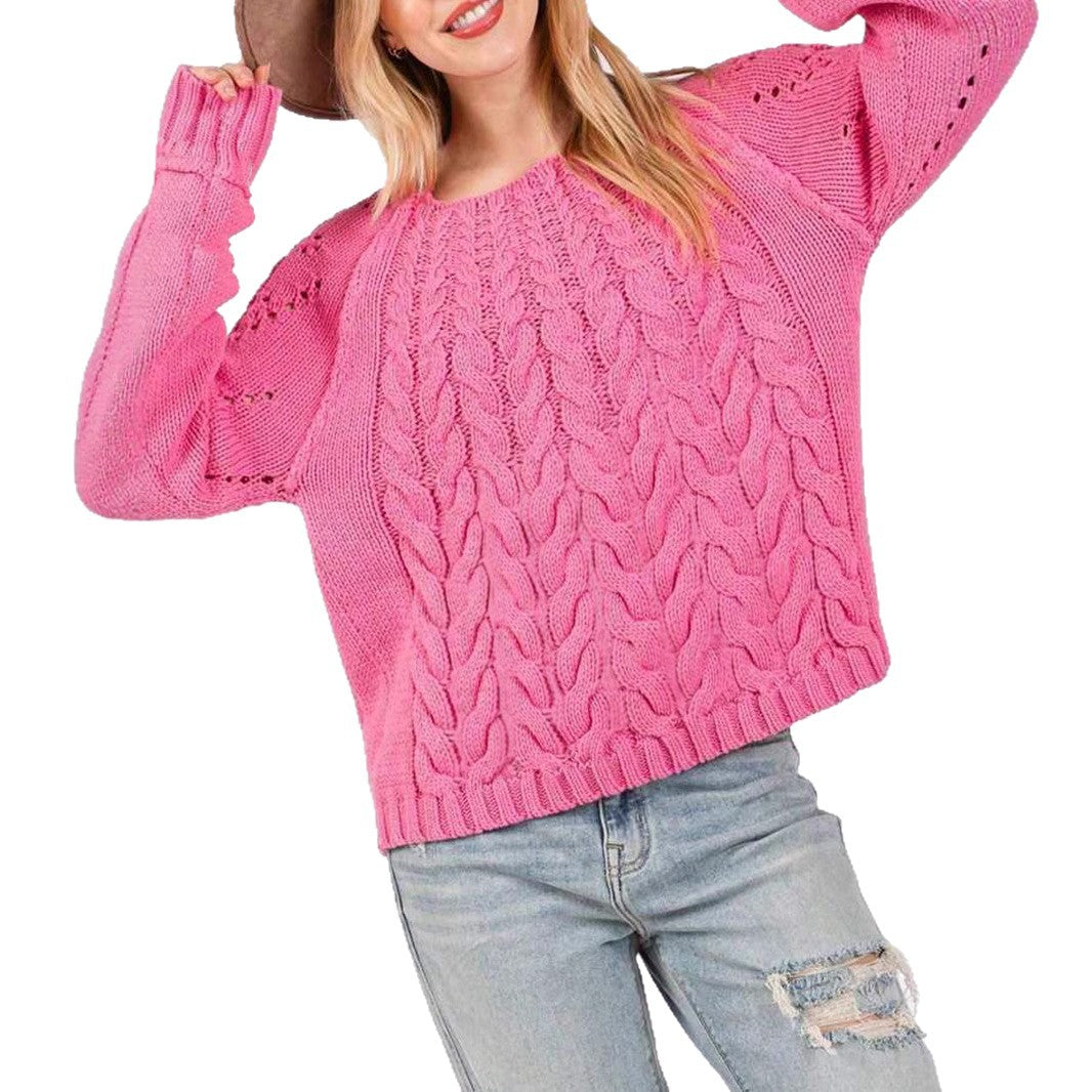 Damen Grobstrickpullover mit voluminösen Ärmeln und feinem Lochmuster EB