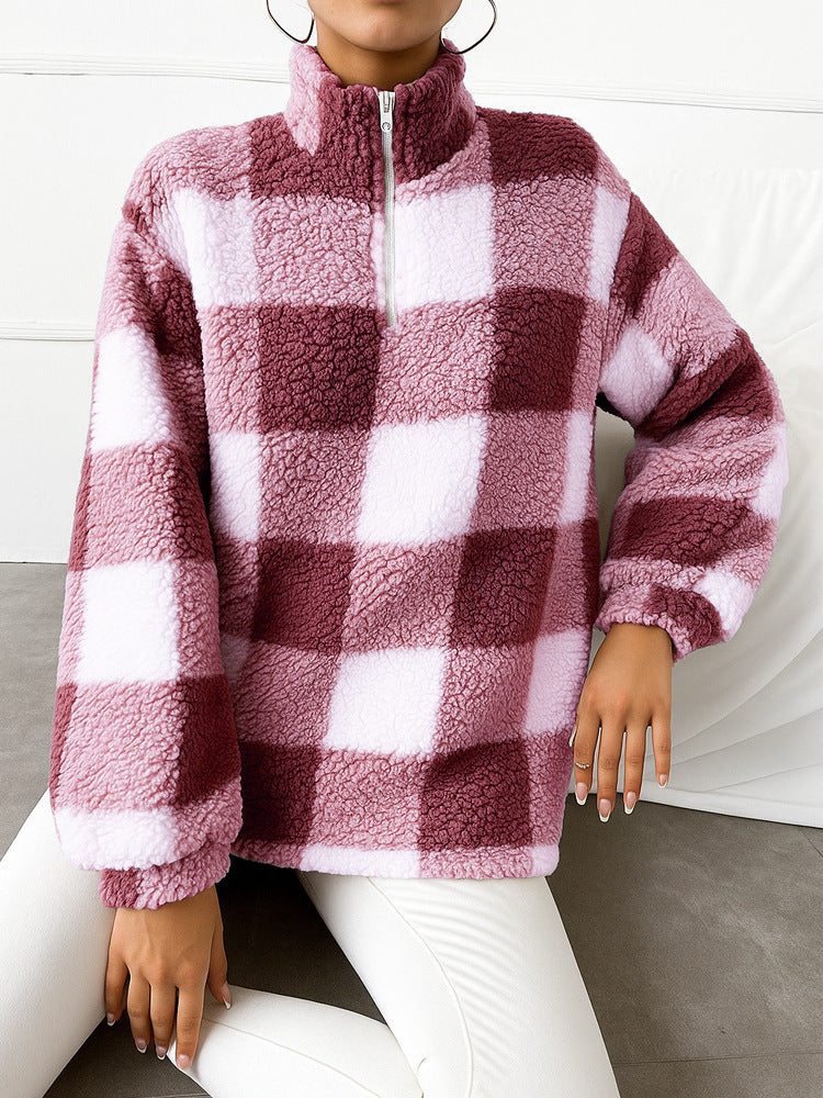 Damen nan kariertes Teddy-Fleece Pullover mit Stehkragen und halbhohem Reißverschluss EB