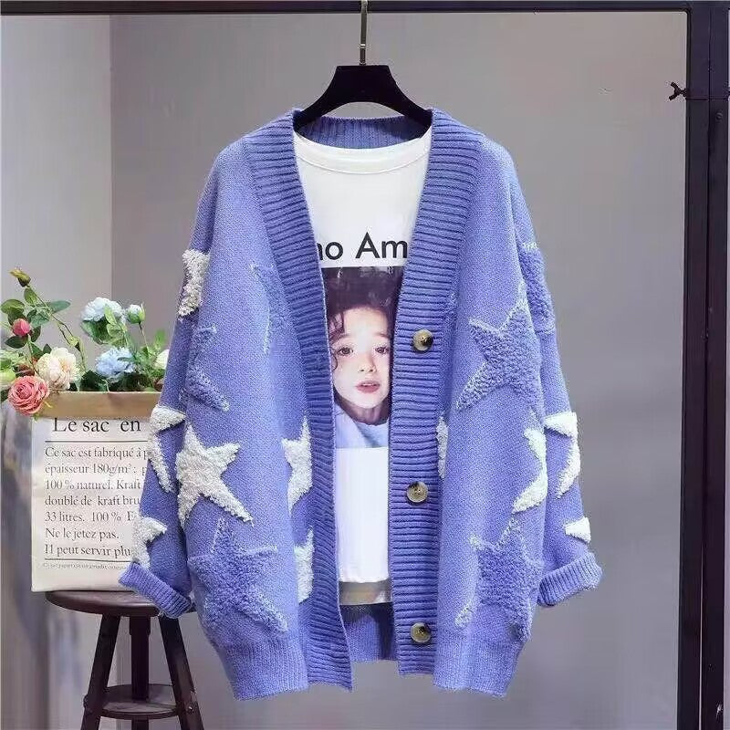 Damen Grobstrick-Cardigan mit Sternenmuster und tiefem V-Ausschnitt EB