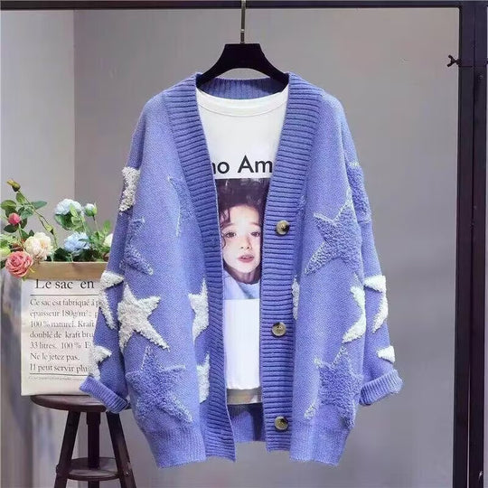 Damen Grobstrick-Cardigan mit Sternenmuster und tiefem V-Ausschnitt EB