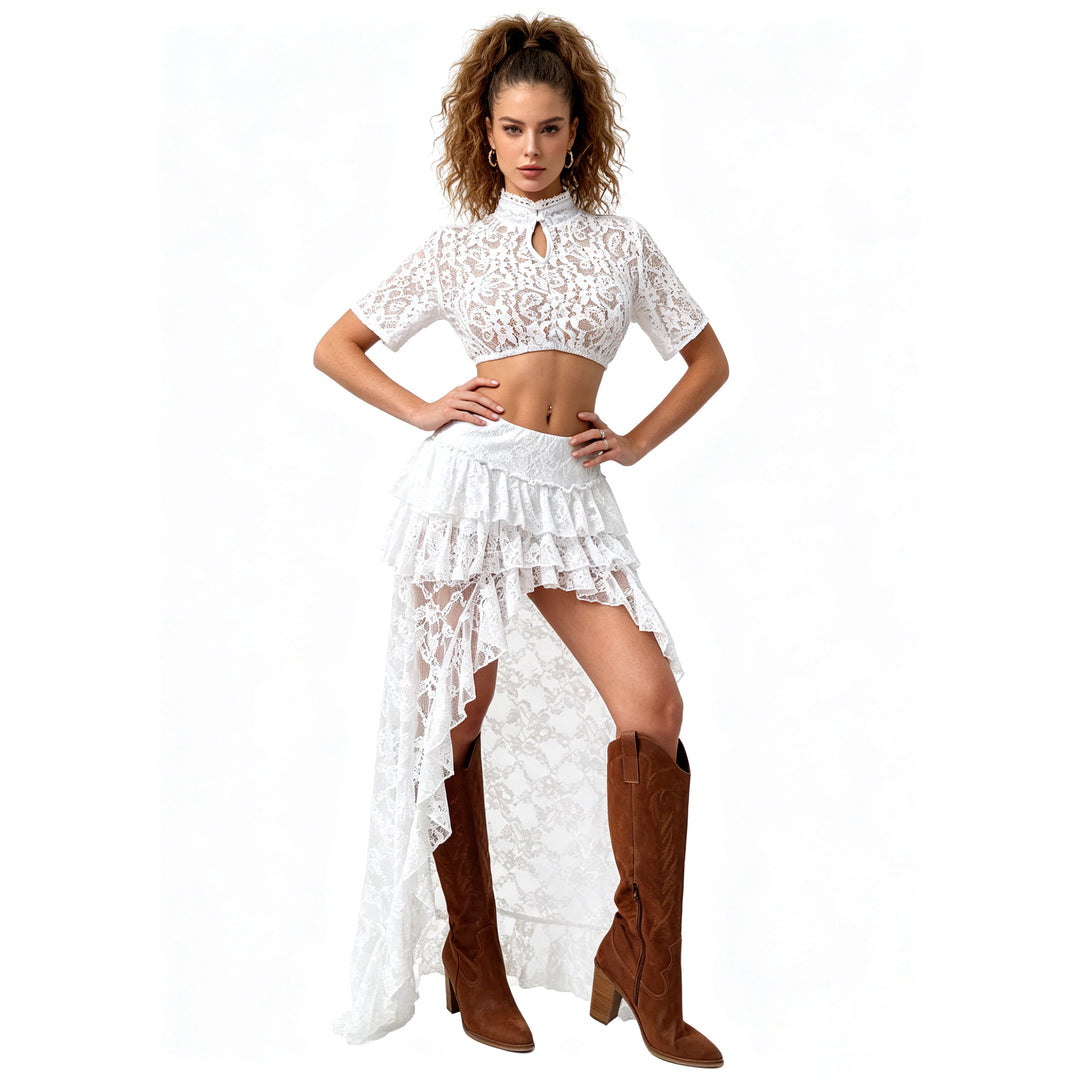 Damen nan Spitzen-Cropped-Bluse mit Stehkragen und keyhole-Detail EB