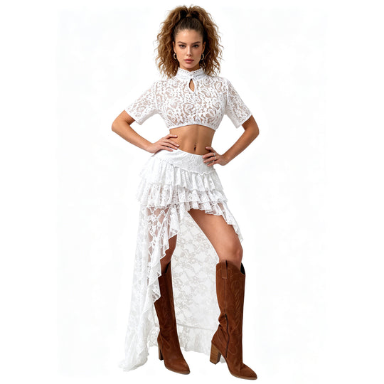 Damen nan Spitzen-Cropped-Bluse mit Stehkragen und keyhole-Detail EB
