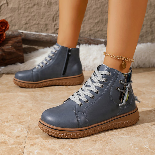 Damen gefütterte Schnürstiefelette mit Teddyfutter, seitlichem Reißverschluss und profilierter Gummisohle EB