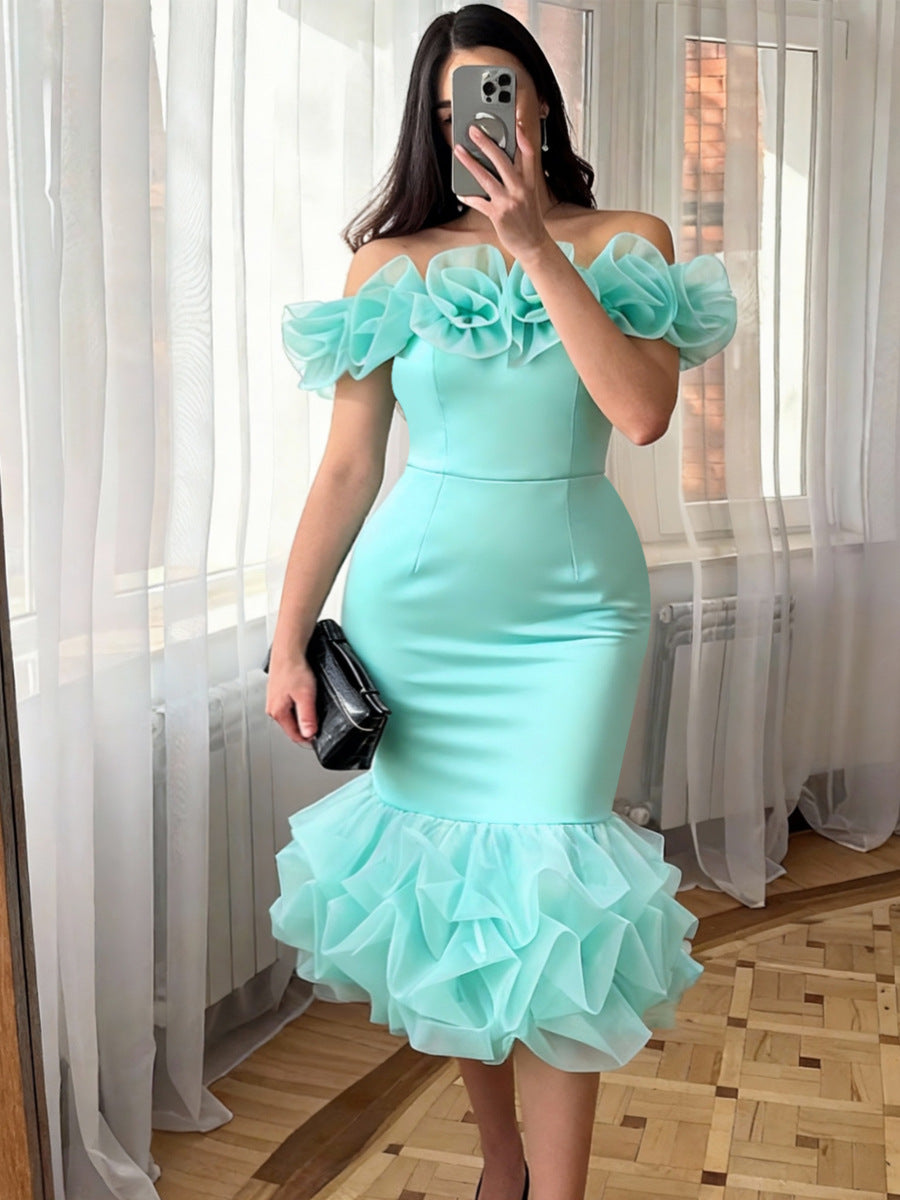 Damen Off-Shoulder Kleid mit voluminösen Rüschen EB