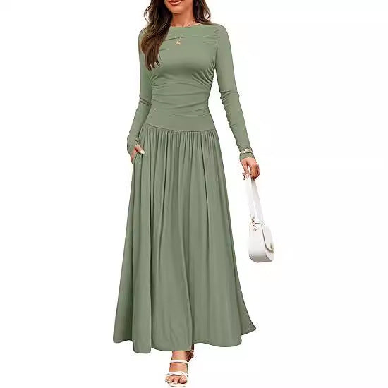 Damen Langärmliges Maxikleid mit eleganten Rüschendetails und praktischen Taschen EB