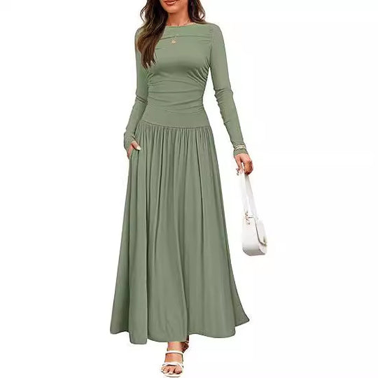 Damen Langärmliges Maxikleid mit eleganten Rüschendetails und praktischen Taschen EB