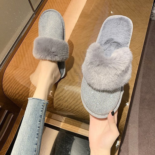 Damen Glamouröse Hausschuhe mit Glitzer und weichem Fell EB