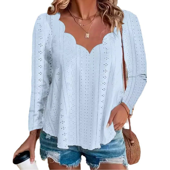 Damen luftiges Blusenshirt mit modernen Lochmuster und elegantem Ausschnitt EB