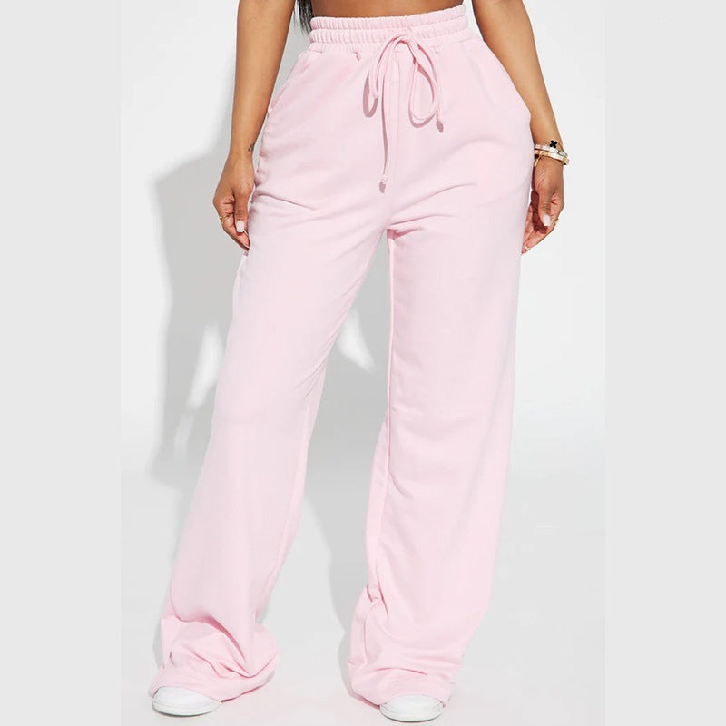 Damen nan breite High-Waist Loungehose aus weichem Baumwollmix mit Kordelzug und Eingrifftaschen EB