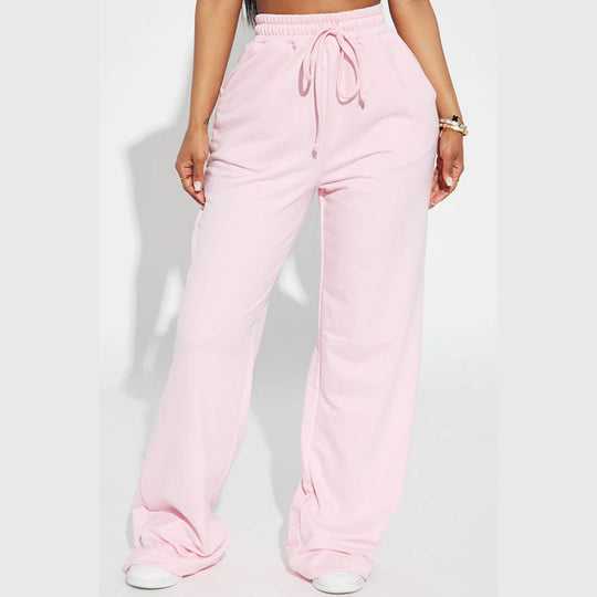 Damen nan breite High-Waist Loungehose aus weichem Baumwollmix mit Kordelzug und Eingrifftaschen EB