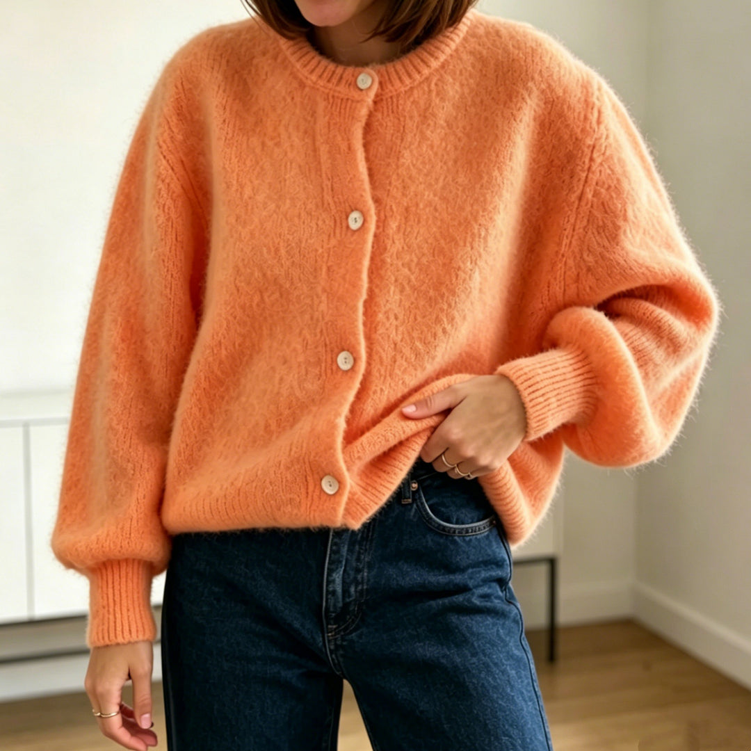 Damen Kuschelige Mohair-Optik Strickjacke mit Rundhals und Ballonärmeln EB