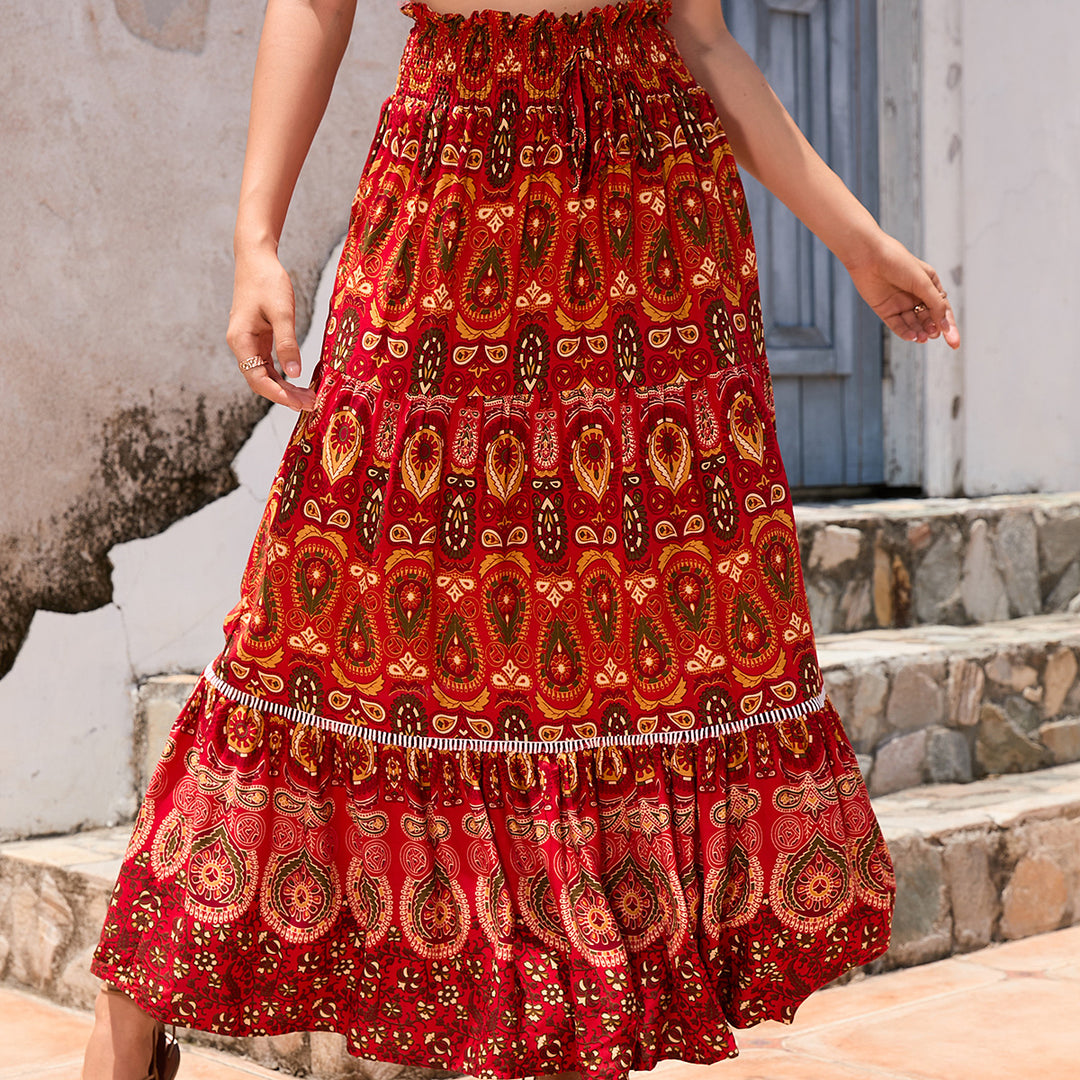 Damen nan Maxirock im Boho‑Stil mit Stufen, gerafftem Elastikbund und Paisley‑Print EB