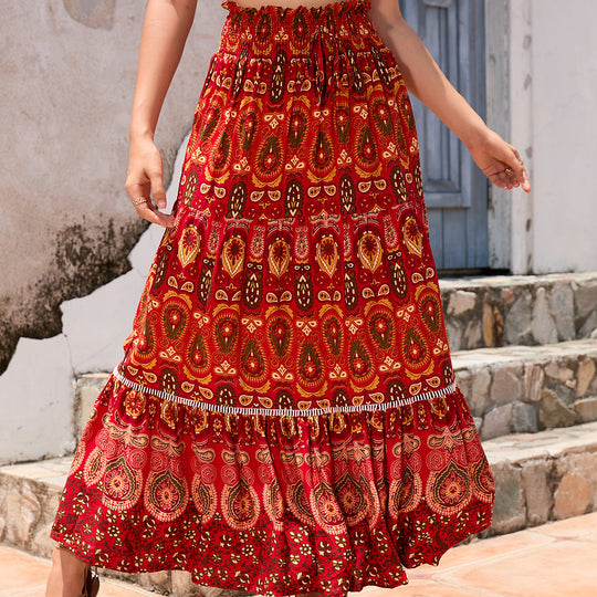Damen nan Maxirock im Boho‑Stil mit Stufen, gerafftem Elastikbund und Paisley‑Print EB
