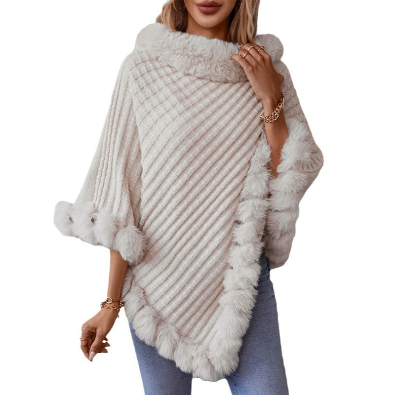 Damen kuschelige Strickdecke mit luxuriösem Kunstfellbesatz EB