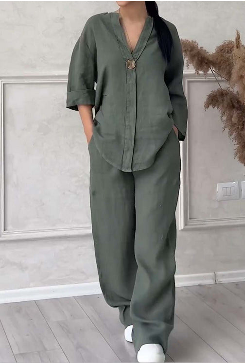 Damen nan lässiges Leinen-Relax-Set mit weiter Hose und Hemdbluse EB
