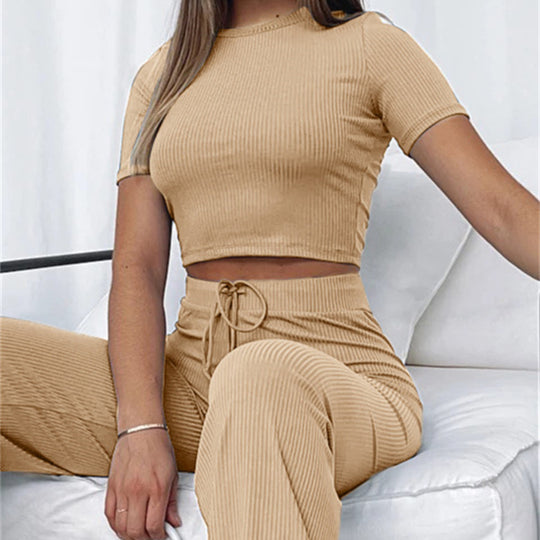 Damen Geripptes Crop-Set aus Stretch‑Jersey mit taillenhoher Kordel-Hose EB