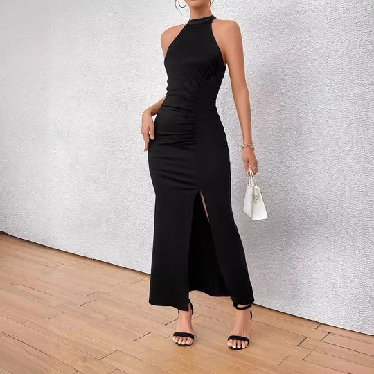 Damen Elegantes Maxikleid mit hohem Schlitz und Raffdetails EB