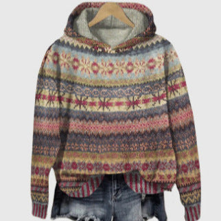 Damen nan oversized Strickkapuzenpullover mit Norwegermuster, gefütterter Kapuze und gerippten Bündchen EB