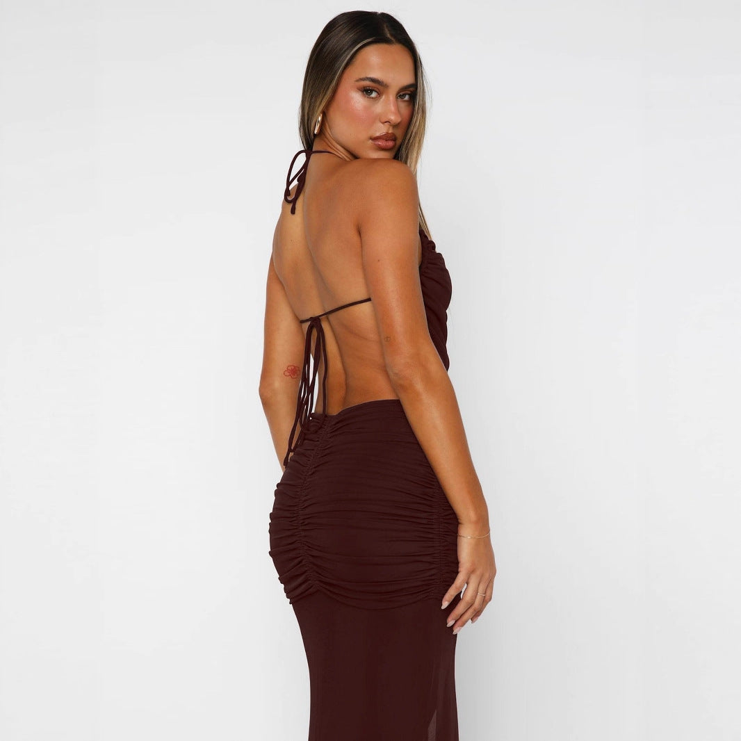 Damen Elegantes Maxikleid mit asymmetrischem Halterhals und ausgefallenem Schlitz EB